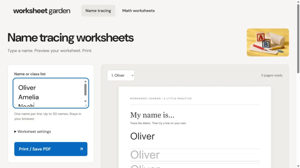 Worksheet Garden with Oliver, Amelia and Noah entered and three worksheet pages ready