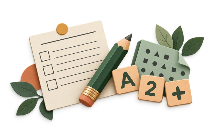 Paper, a green pencil and letter and number tiles