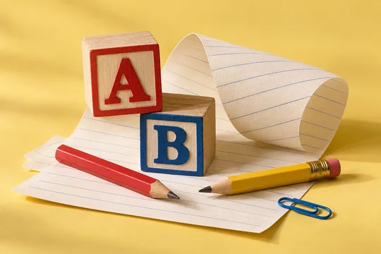 Letter blocks, pencils and ruled paper